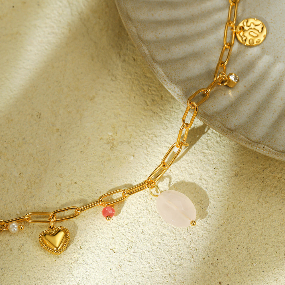 Natural Stone Beaded Pearl Stainless Steel Necklace Women Light Luxury Trendy All Match High Grade Titanium Steel Embellished