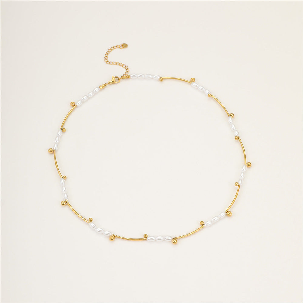 French Hepburn Advanced Baroque Imitation Pearl Necklace Batch Floral Tube Spacer Beads 18K Real Gold Stainless Steel Clavicle Chain