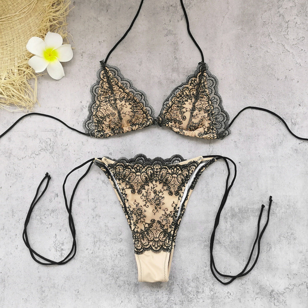 Sexy Backless Halter Lace up Three Point Bikini Lace Stitching Trousers Suit Split Swimsuit for Women