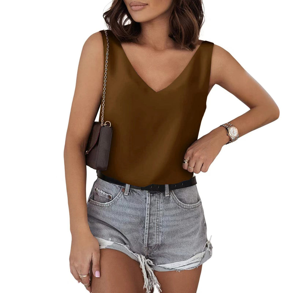 Solid Color Satin Vest V neck Casual Camisole Sleeveless Shirt Summer Basic