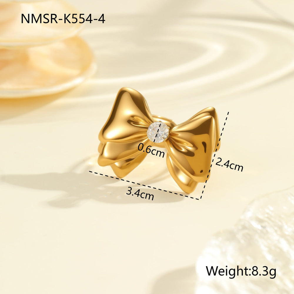 Bowknot Zircon Titanium Steel Ring 18K Gold Plating Open Ring Hand Jewelry