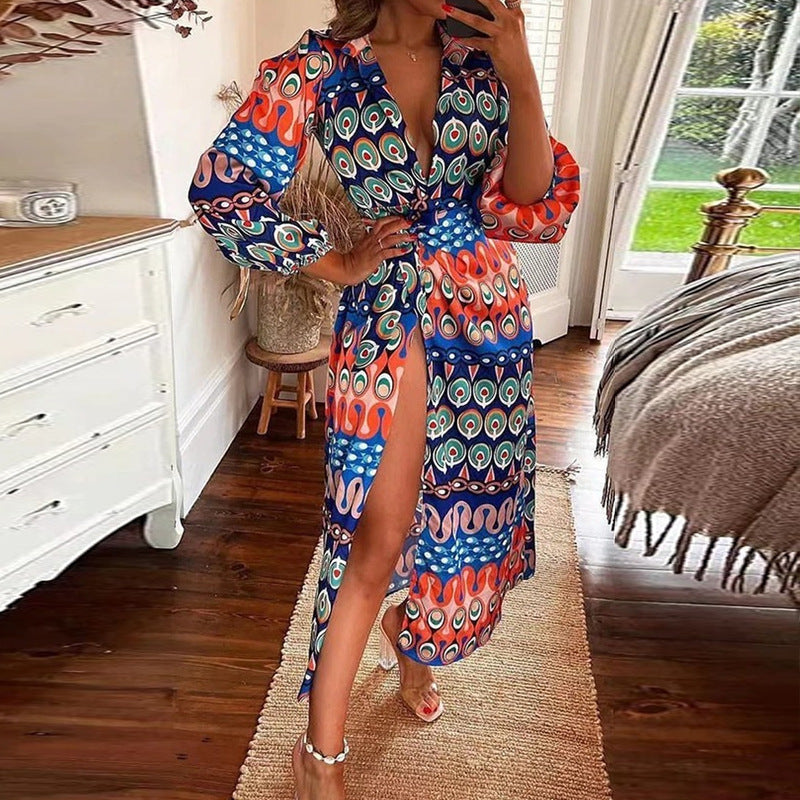 Women Clothing Autumn Sexy Slit Lace up Waist Controlled V neck Shirt Elegant Dress Women