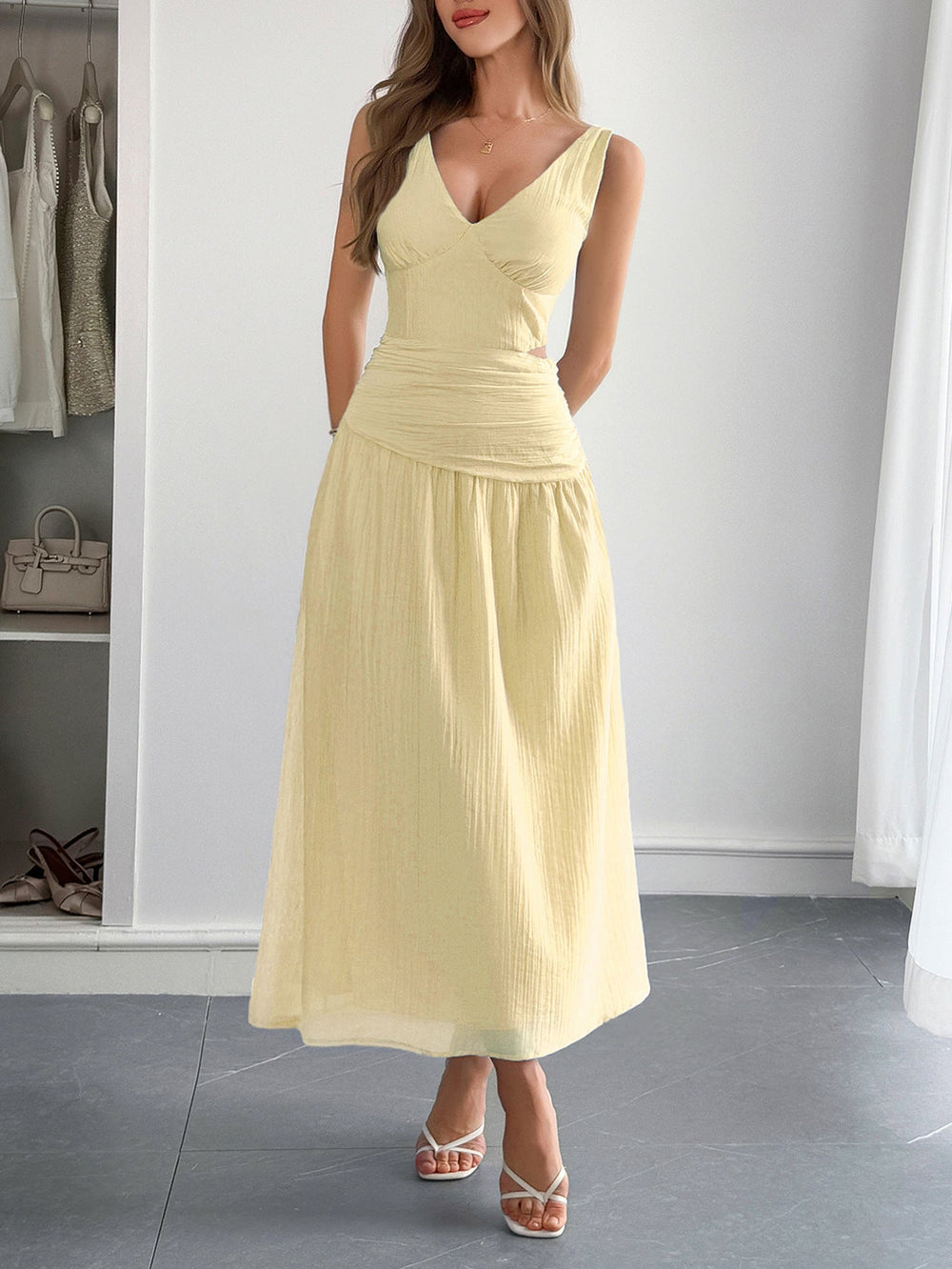 Elegant Deep V Plunge Cropped Outfit Maxi Dress Women Clothing Spring Summer