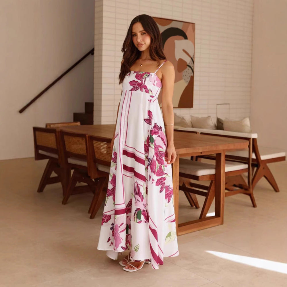 Printed Sling High Waist A line Dress Casual Vacation Spaghetti Straps Maxi Dress