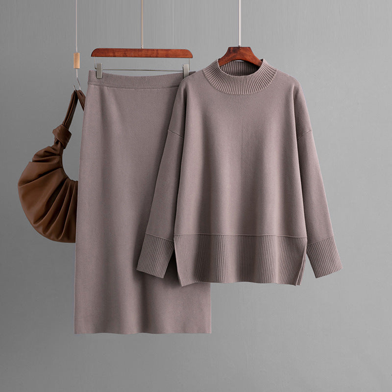 Solid Color Turtleneck Sweater Slit Half-Length Hip Skirt Two-Piece Set Autumn Winter Knitting Suit Women's