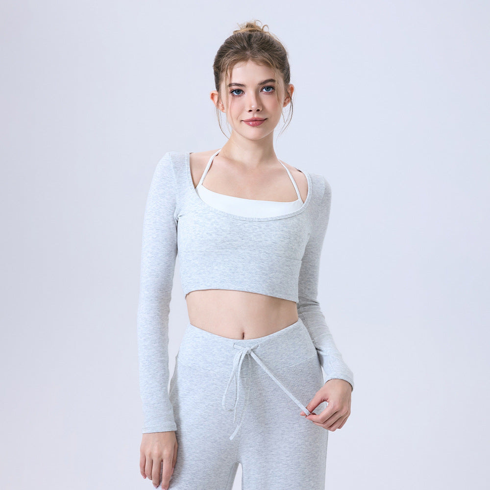Nude Feel Contrast Color Yoga Clothes Long Sleeve Semi Fixed Cup Running Slim Sports Bra Breathable Workout Clothes Top