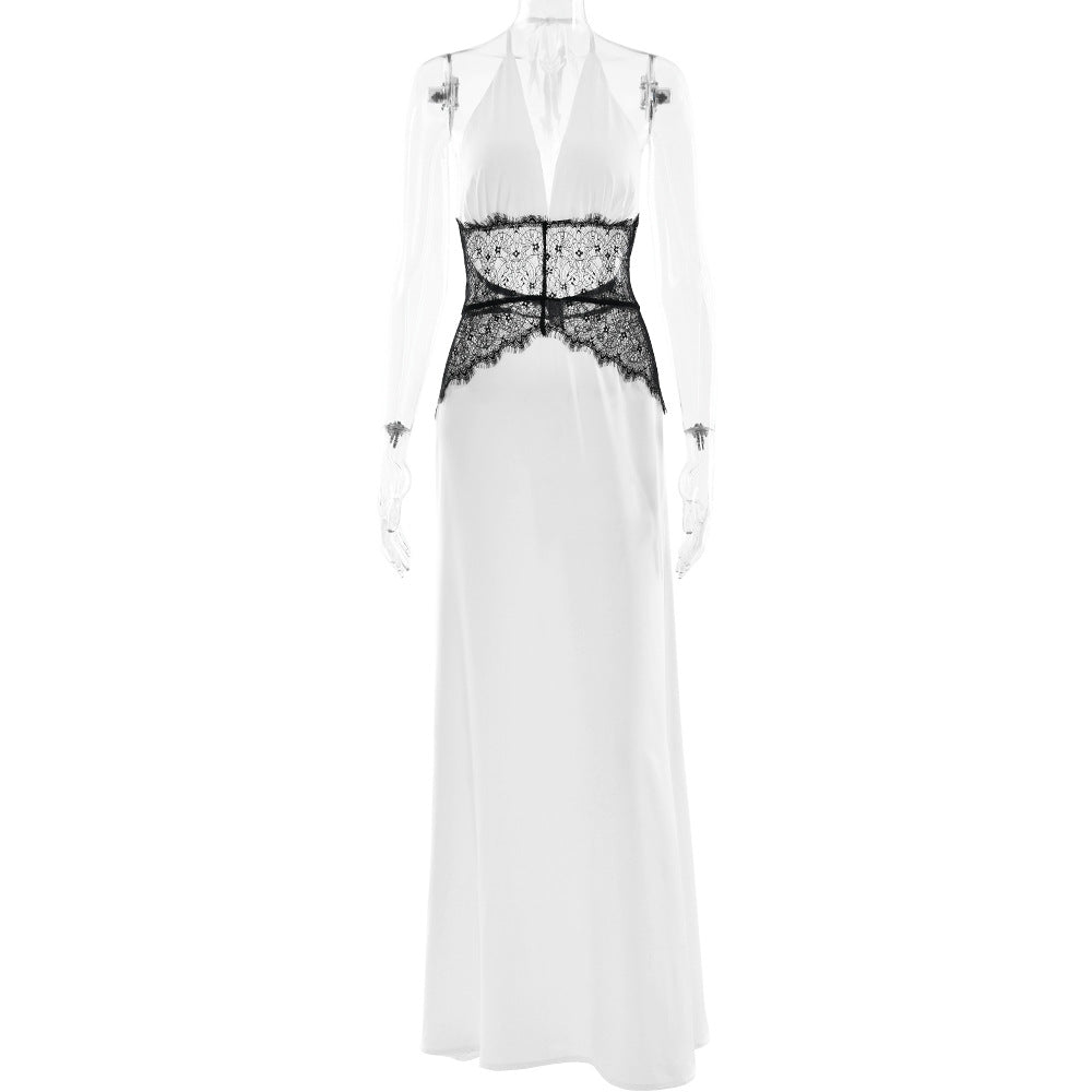 Summer Elegant Deep V Plunge Silky Satin Dress Stitching Halter Waist Tight Sexy Dress