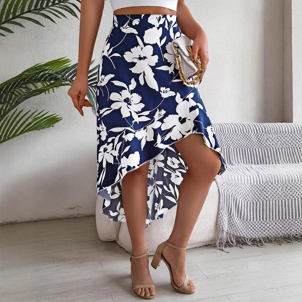 Women Clothing Spring Summer Elegant Floral Ruffled Mid Length Irregular Asymmetric Skirt