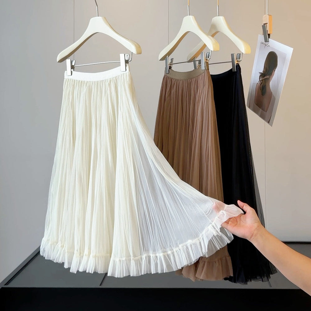 French Pleated Mesh Skirt Women Summer Wide Hem Loose High Waist Slimming Mid Length Yarn Skirt