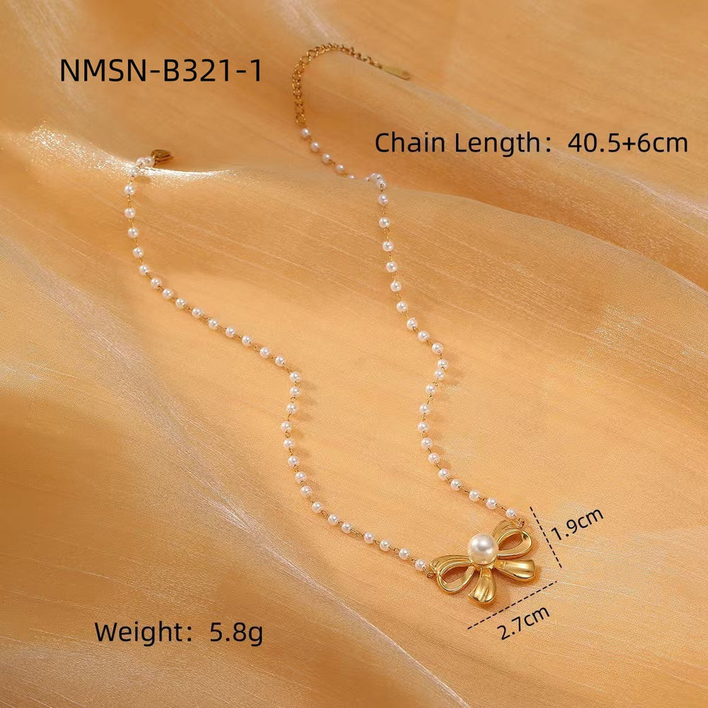 Pearl Bow Titanium Steel Necklace Women Light Luxury High Sense Stainless Steel Embellished
