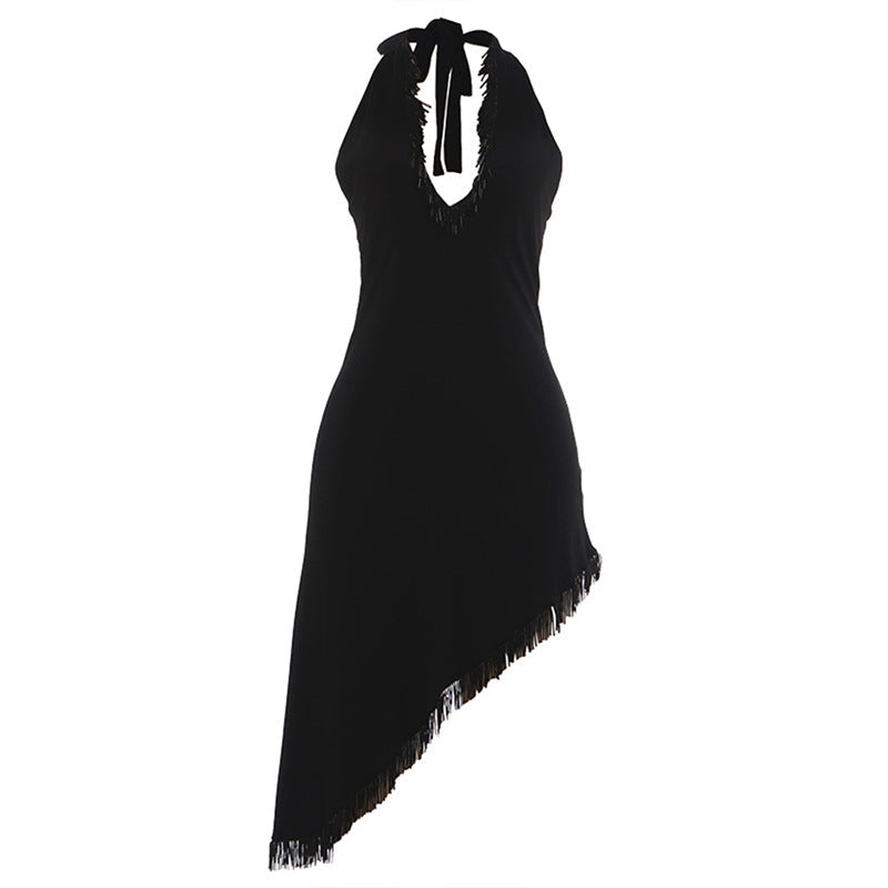 Fall Women Clothing Tassel Stitching Sexy Halter Backless V neck Irregular Asymmetric Dress