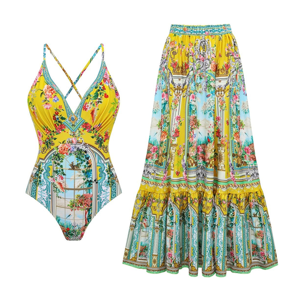 Swimsuit Bright Yellow Garden Print Vacation Swimsuit Women Long Skirt