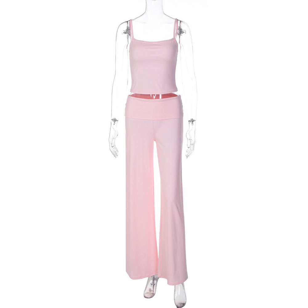 Women Clothing Summer off Neck Sling Small Tank Top High Waist Straight Pants Two Piece Sets