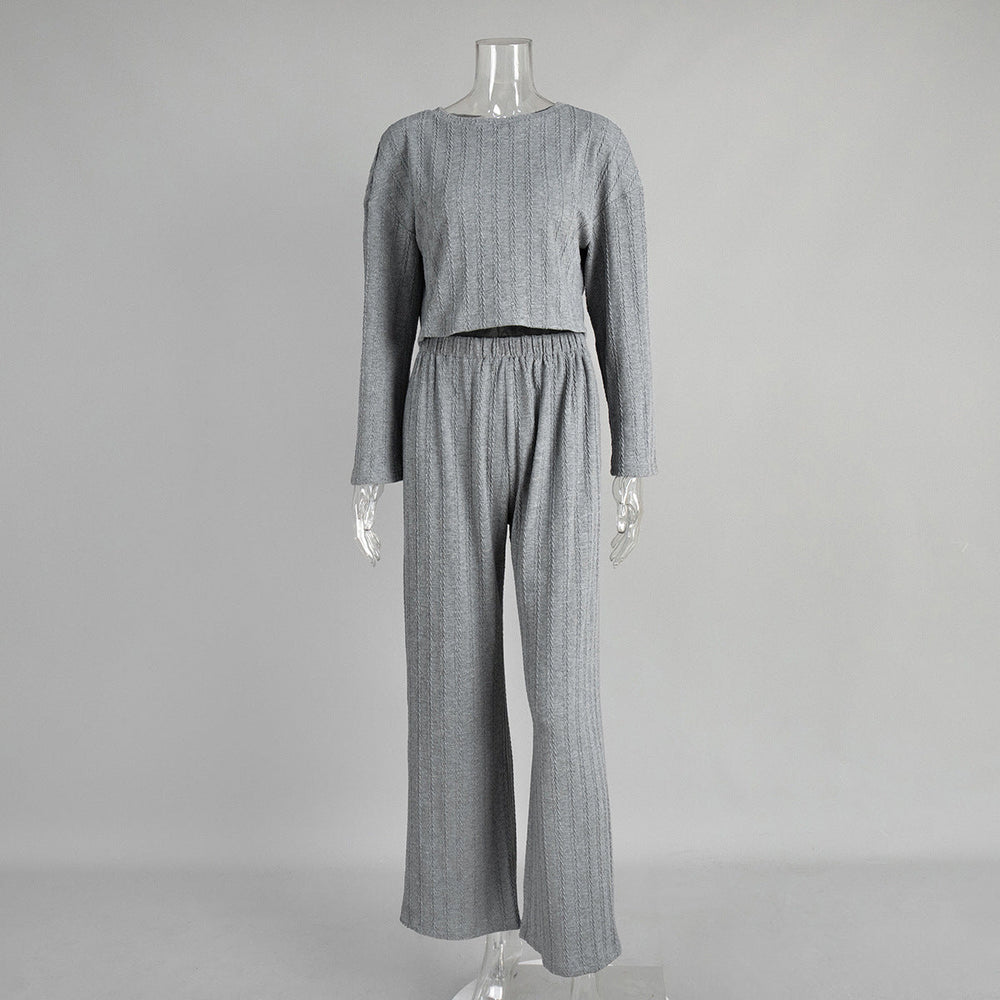 Gray Long Sleeve Trousers Pajamas Set Winter Wheat Jacquard Home Wear for Women