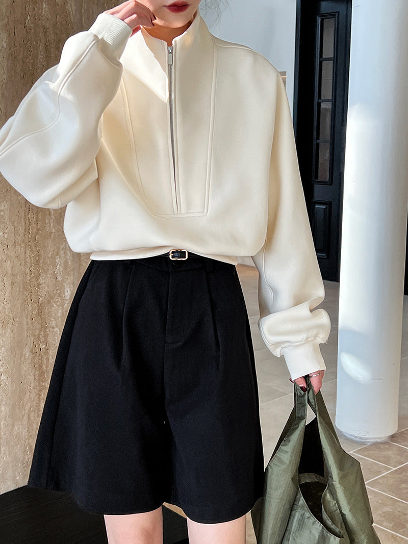 Half Zipper Sweatshirt Women High Grade Spring Korean Casual Sports High Waist Top