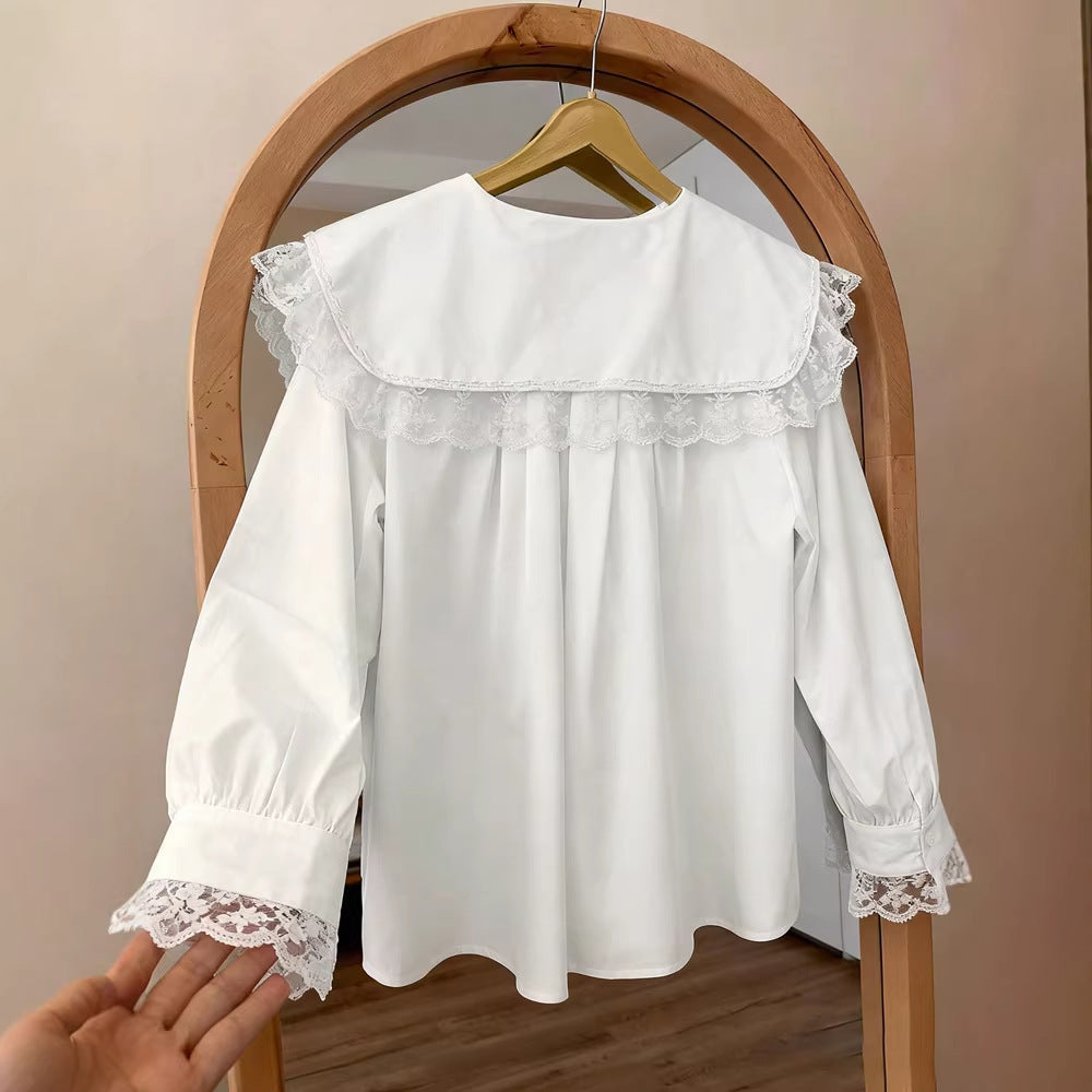 Spring Summer Women Loose Design Doll Collar Long Sleeve Shirt