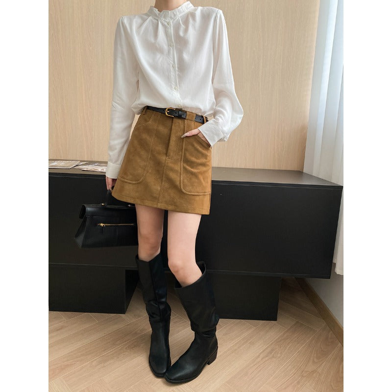 Early Autumn Suede High Grade Large Pocket Slimming A line Skirt