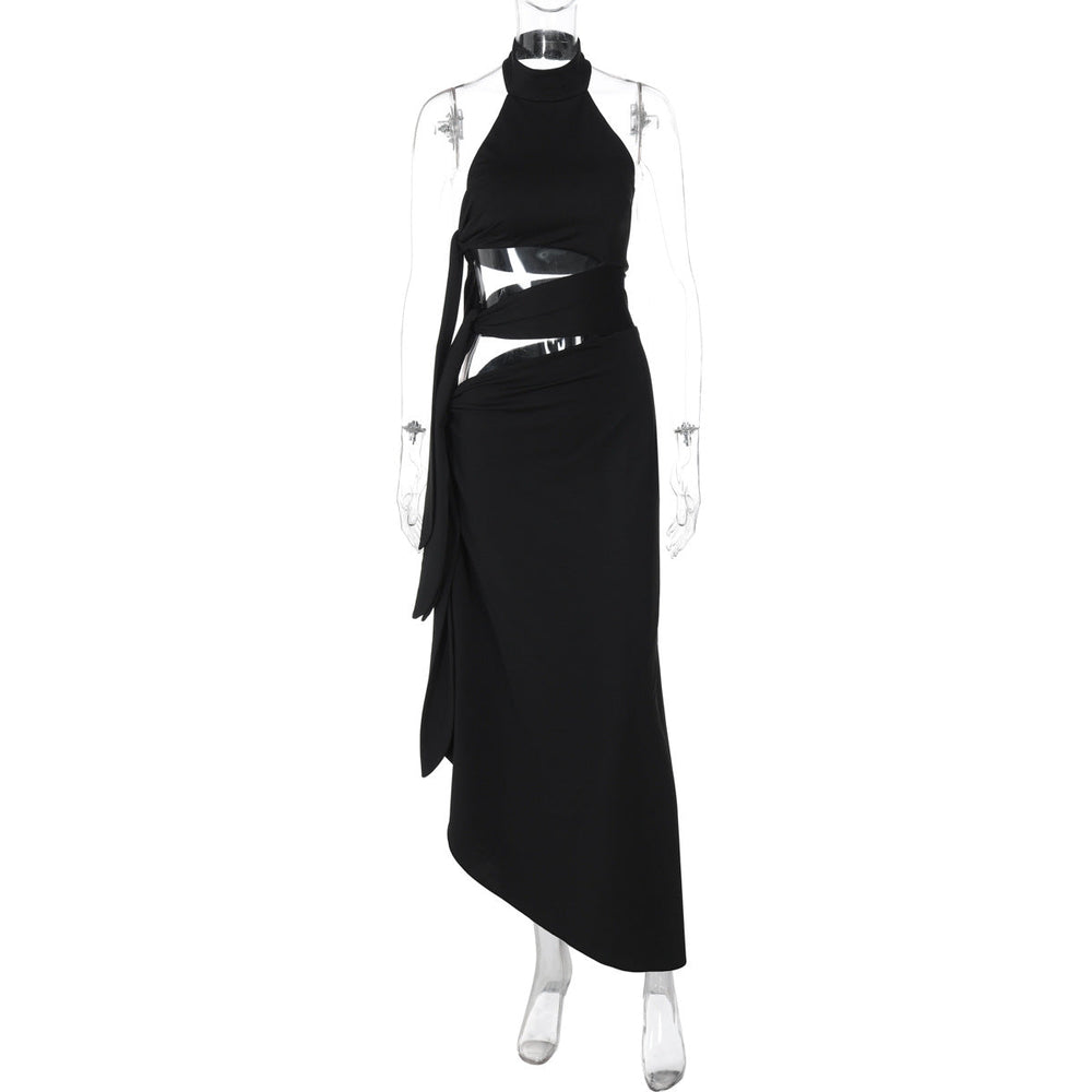 Sexy Hollow Out Cutout Backless Stitching Strap Long Slit Halter Dress Women