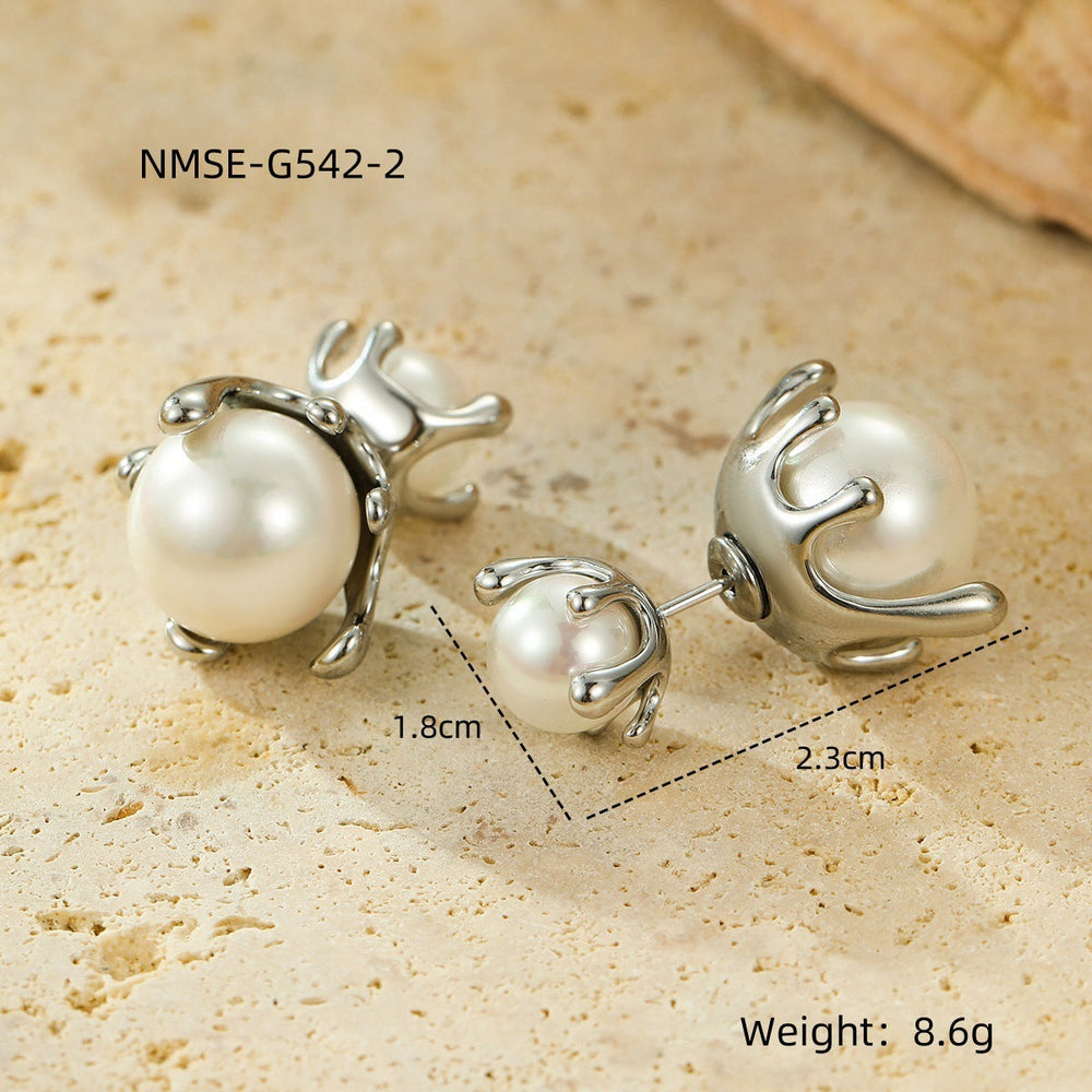 French All Matching Retro Titanium Steel One for Dual Wear Pearl Stud Earrings Personality Trend Light Luxury Earrings Women