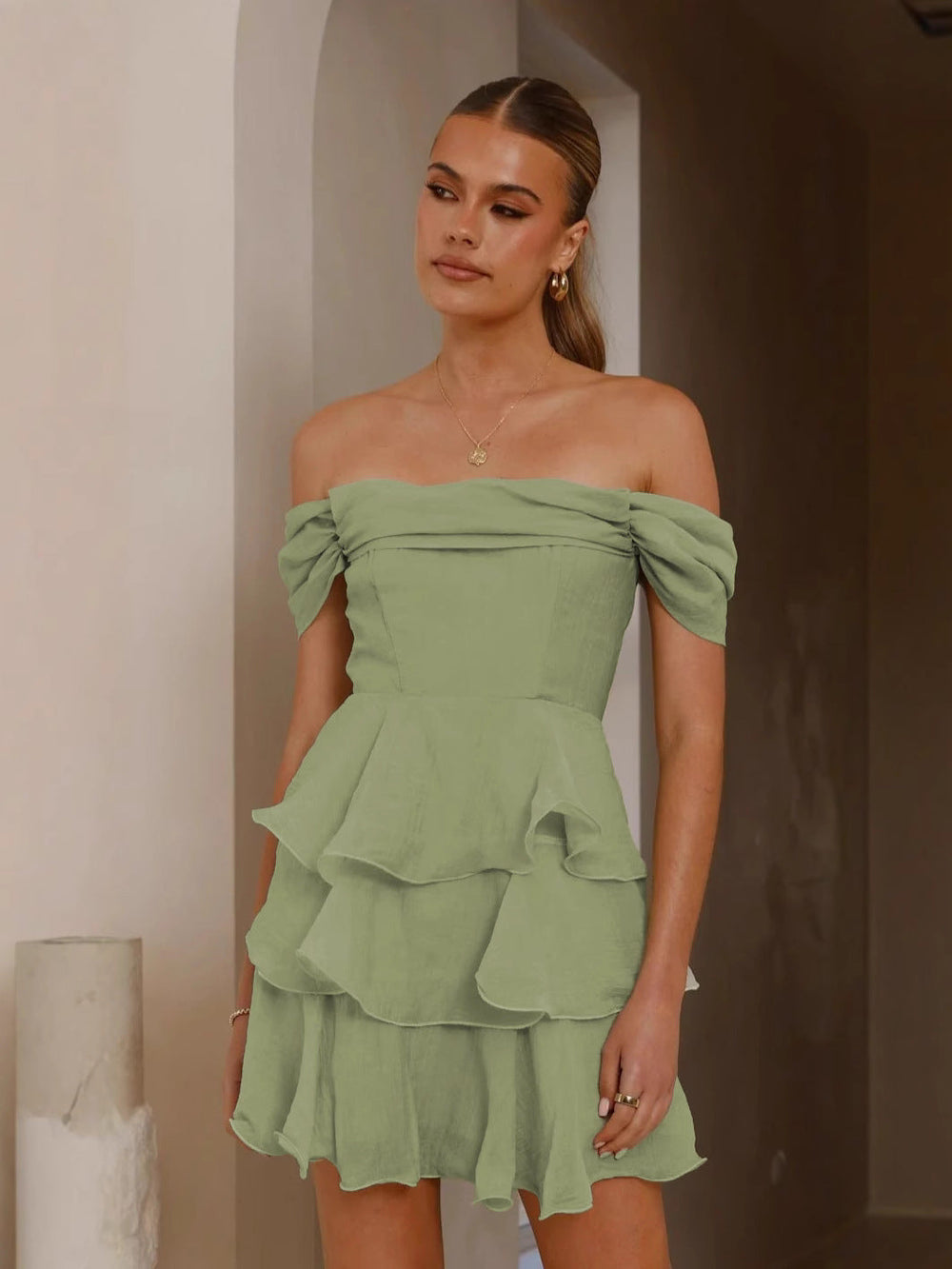 Summer Sexy Tube Top Backless Solid Color Tiered Dress