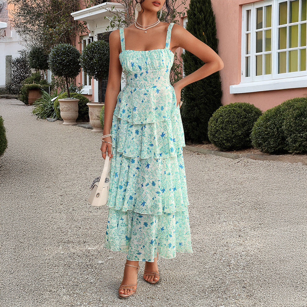 Spring Summer Graceful Mori Classic Floral Contrast-Color Chiffon Strap Dress Women Clothing