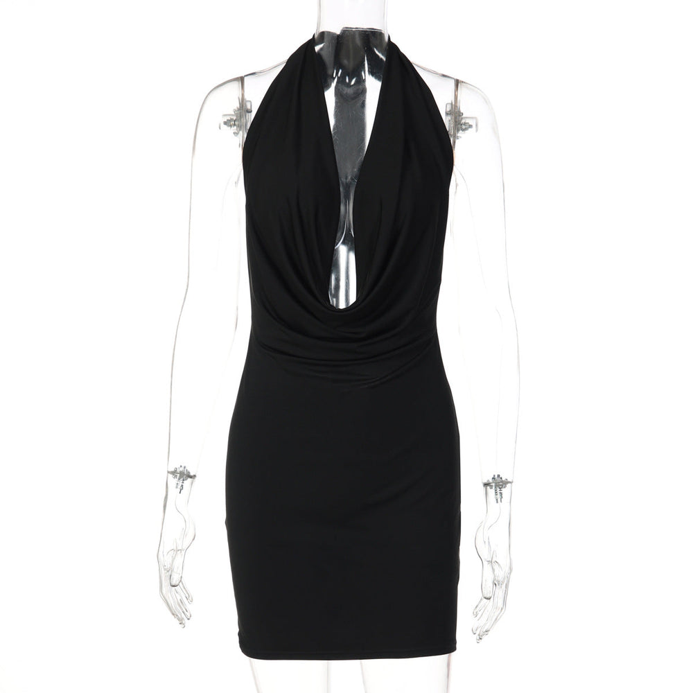 Women Solid Color Halter Deep V Plunge neck Backless Sexy Slim Hip Dress