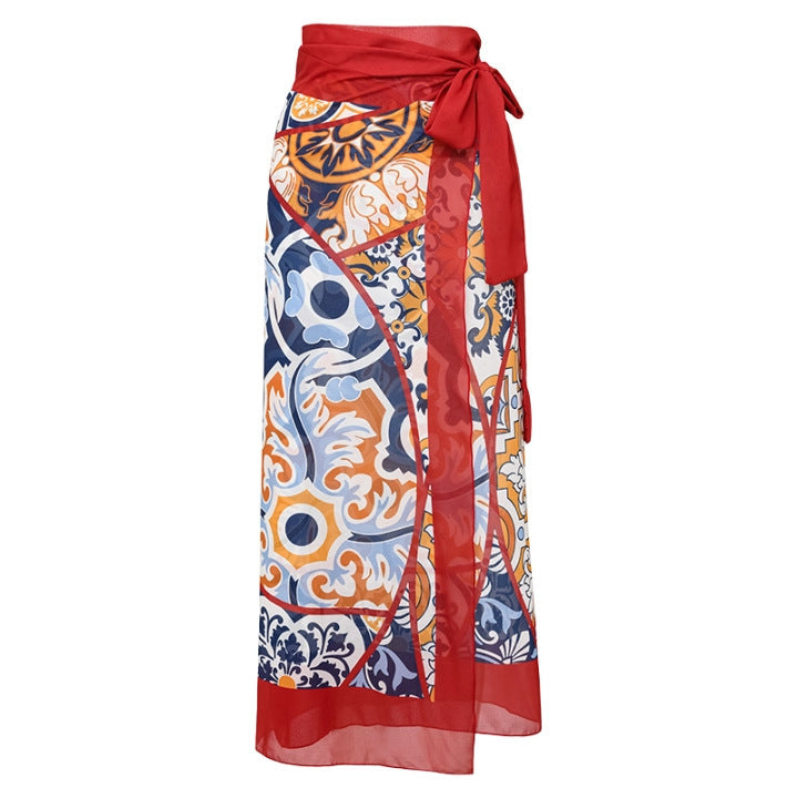 Swimsuit V neck Pattern Printed One Piece Swimsuit Women Wrap Skirt