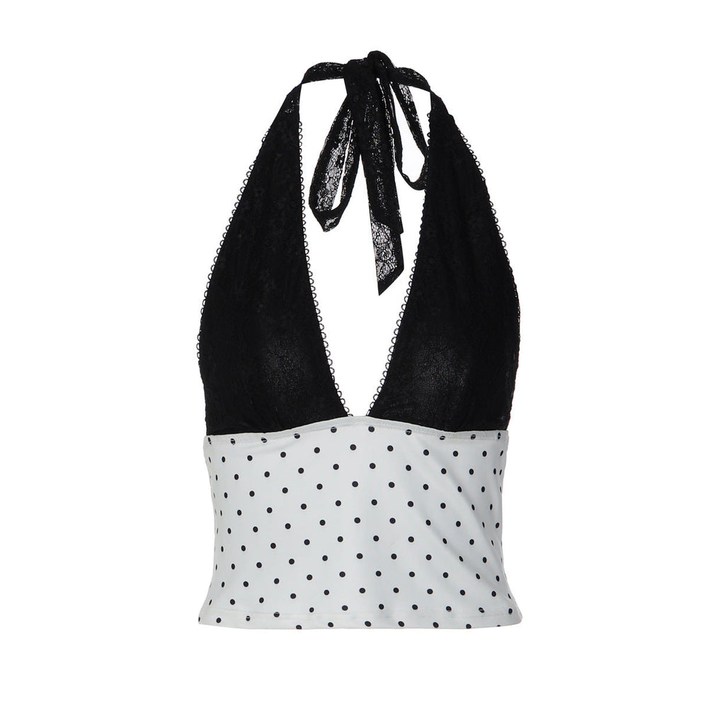 French Contrast Color V neck Halter Vest Summer Polka Dot Sexy Lace up Top