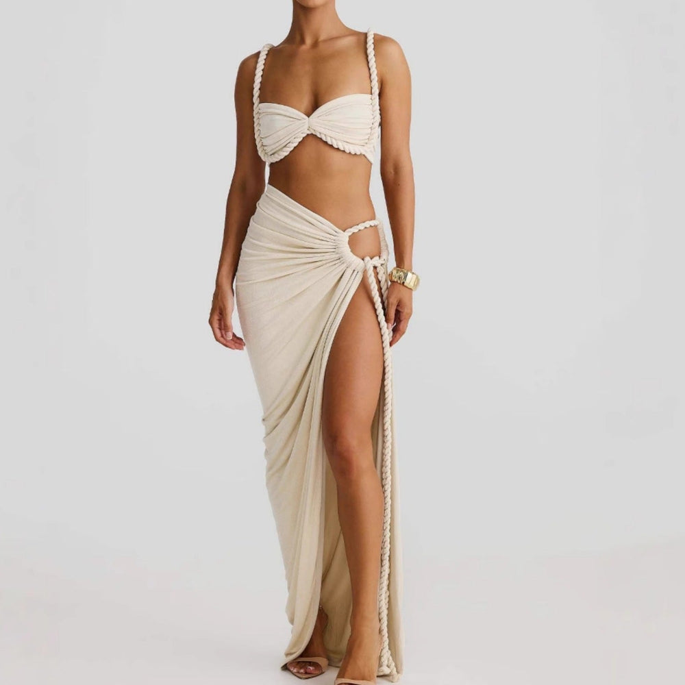 Summer Sexy Beach Vacation Swimsuit Woven Halter Top Top Split Skirt Set