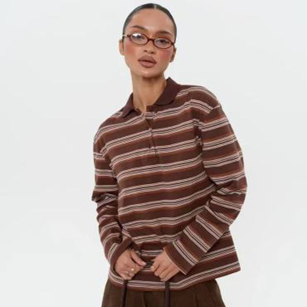 Long Sleeved Striped T shirt Women Spring Summer Polo Collar Loose T shirt Trendy Retro Bottoming T shirt