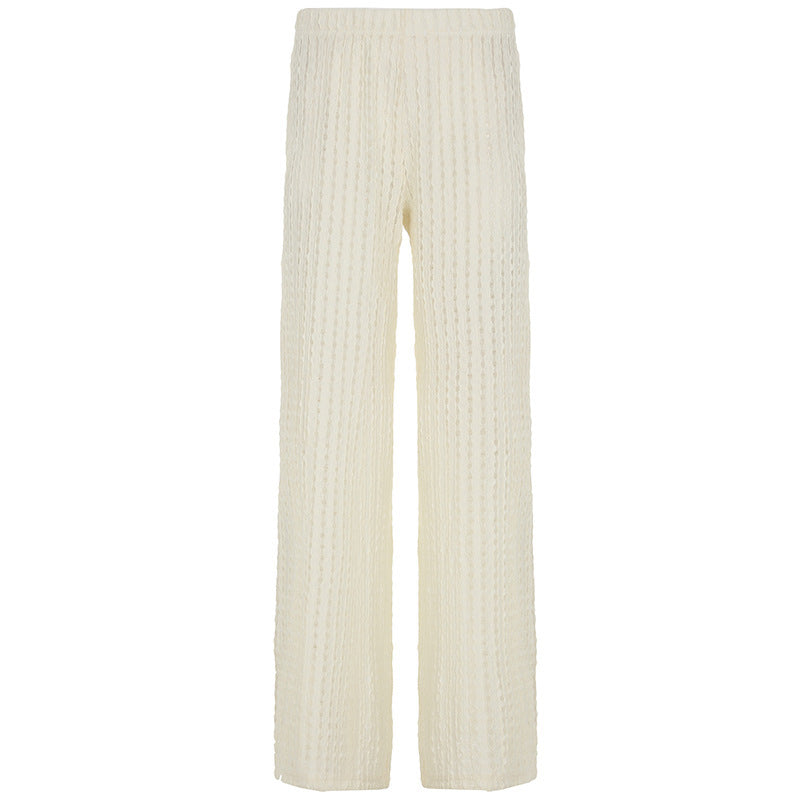 Vacation Texture Hollow Out Cutout Loose Solid Color Casual Pants Sexy High Waist Slimming All Matching Straight Leg Trousers