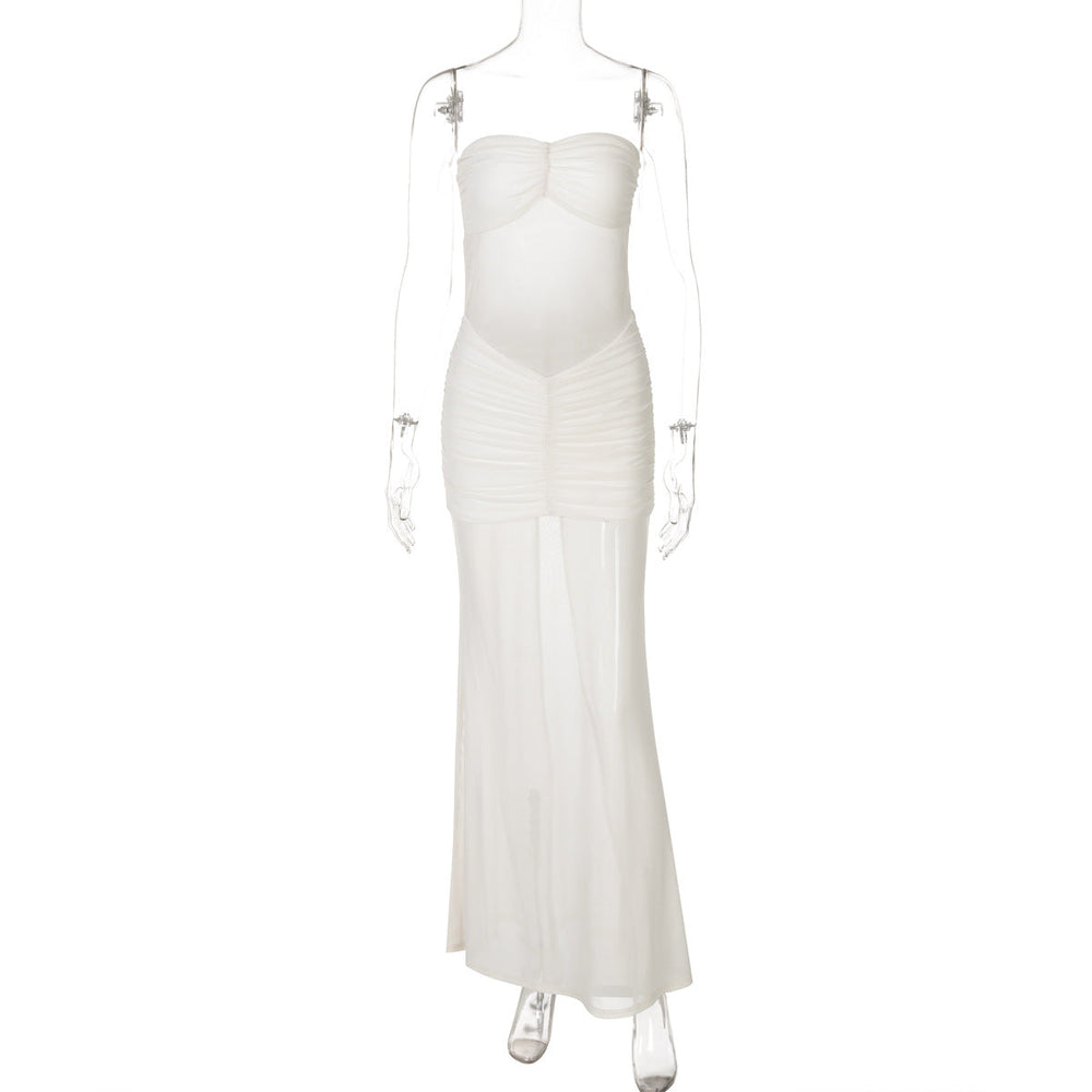 Mesh Stitching Dress Summer Women Sexy off Neck Tube Top Dress