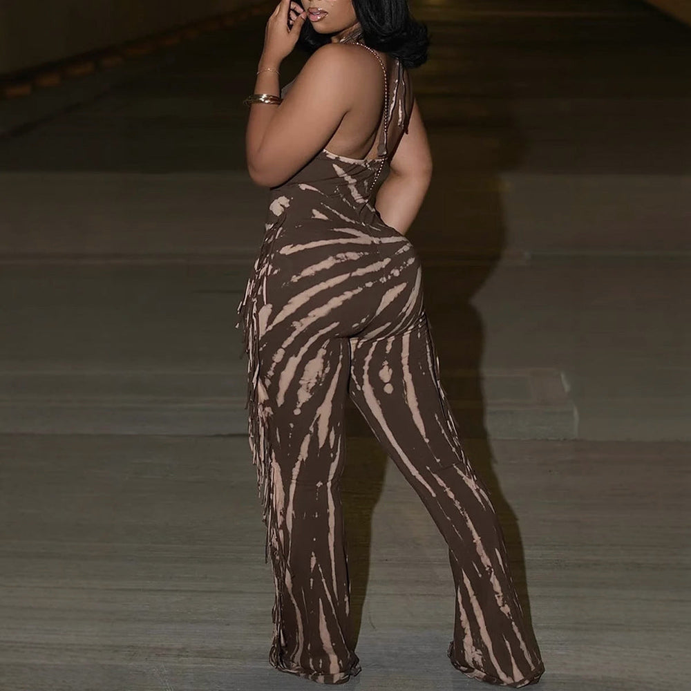 Elegant Sexy Slim Fit Stretch Backless Tassel Printed Halter Strap Micro Pull Jumpsuit