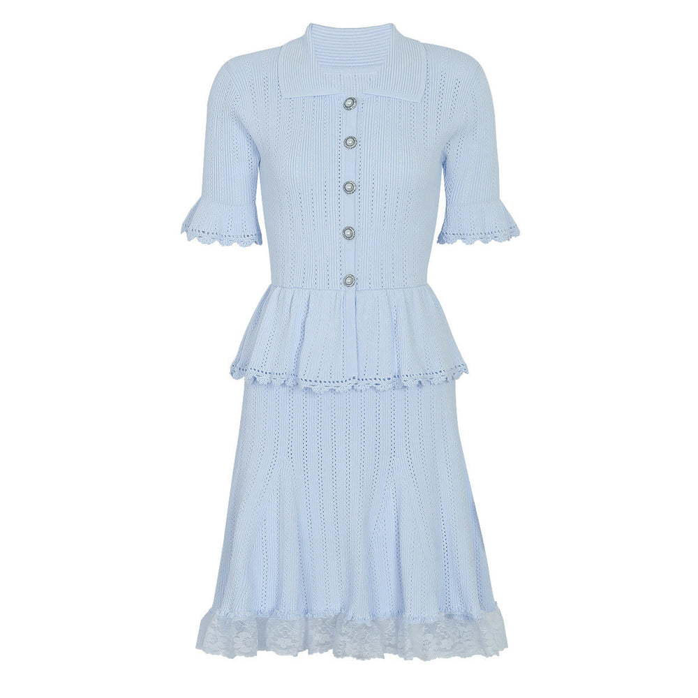 Summer Celebrity Internet Slim Fitting Slimming Fashionable Short Sleeve Collared Lace Dress