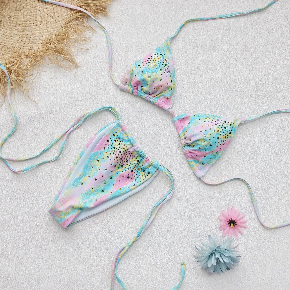 Fresh Printed Rhinestones Three Point Strap Sexy Bikini Split Swimsuit