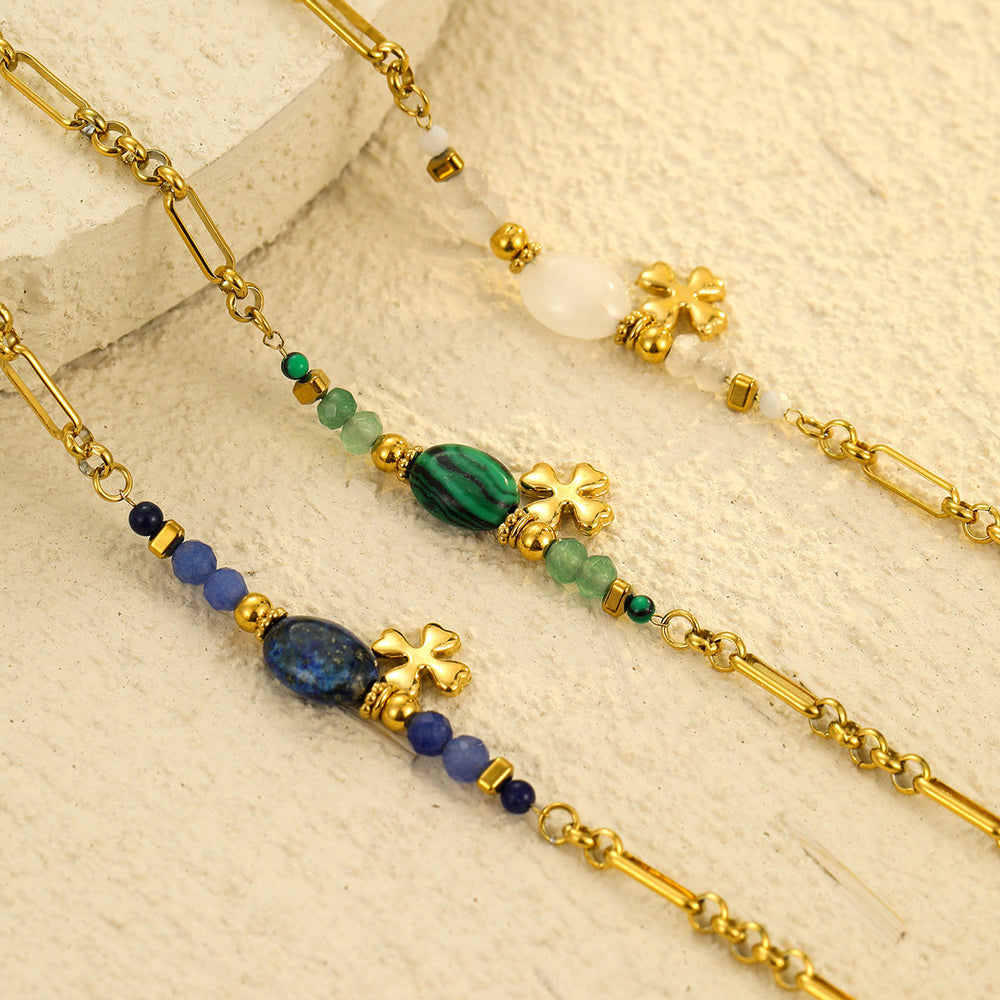 Stainless Steel Natural Stone Lapis Four-Leaf Clover Embellished Bracelet Women Titanium Steel Jewelry