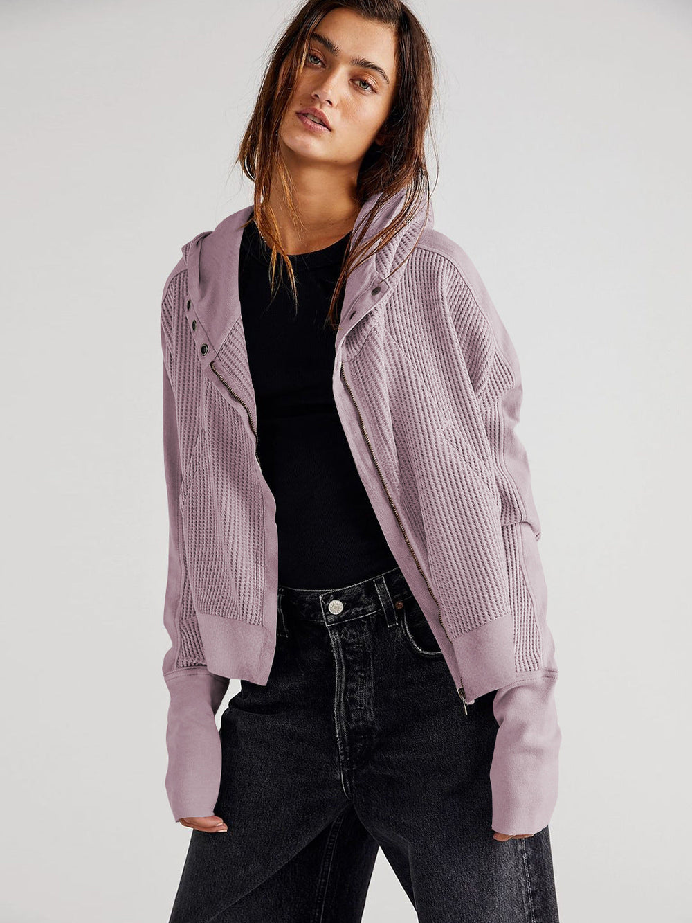 Fall Winter Patchwork Sweatshirt Women Clothing Hooded Long Sleeve Loose Lazy Zipper Hooded Sweatshirt
