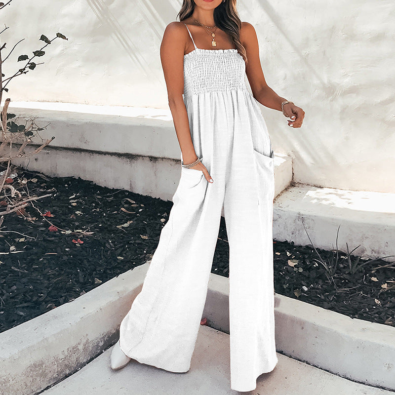 Women Clothing Solid Color Sling Pleating Casual Office High Waist Jumpsuit