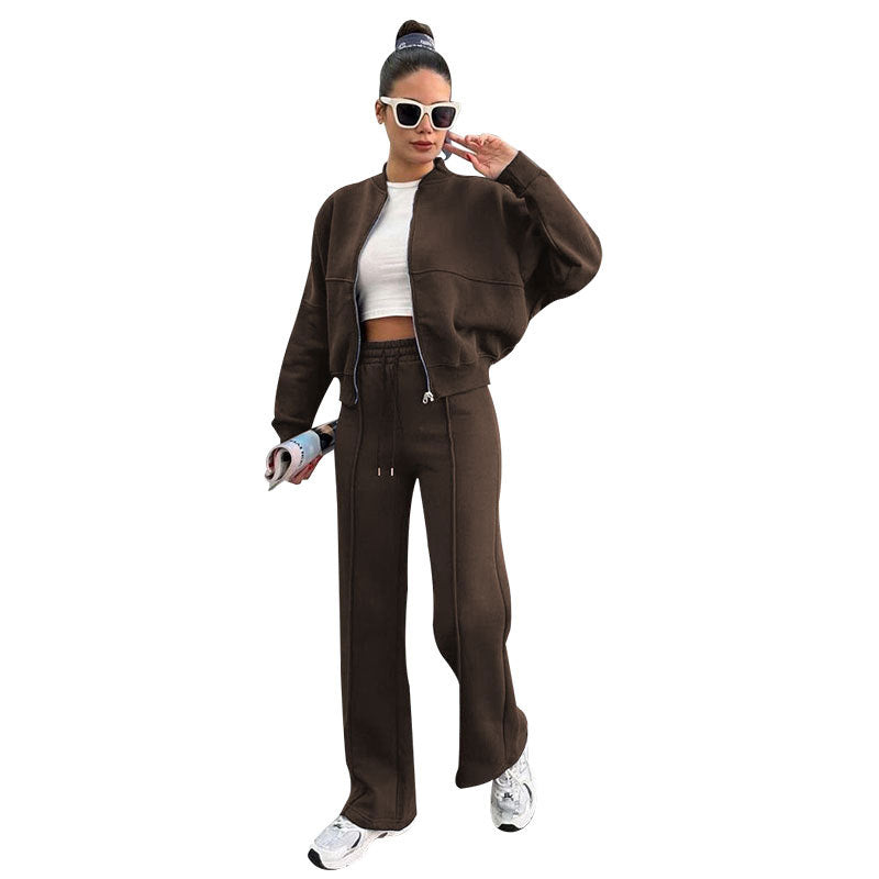 Autumn Winter Solid Color with Fur Zipper Cardigan Women Clothes Casual Straight Pants Two Piece Sets