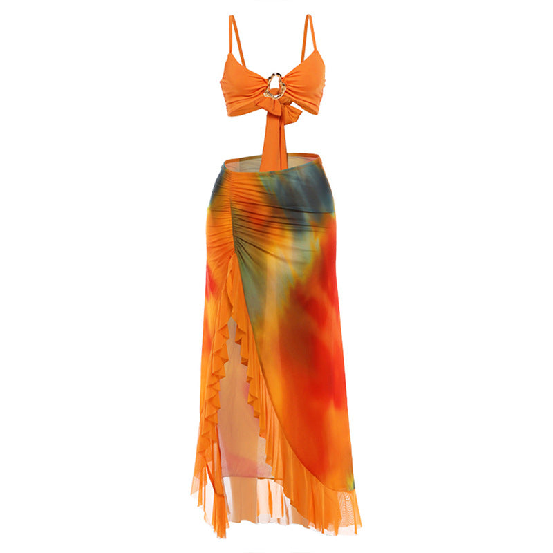 Spring Women Holiday Sexy Halter Wrapped Chest Split Ruffled Long Skirt Two Piece Sets
