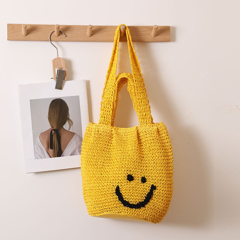 Casual Smiley Face One Shoulder Cotton Thread Woven Bag Fresh Portable Office Straw Bag Seaside Vacation Beach Bag