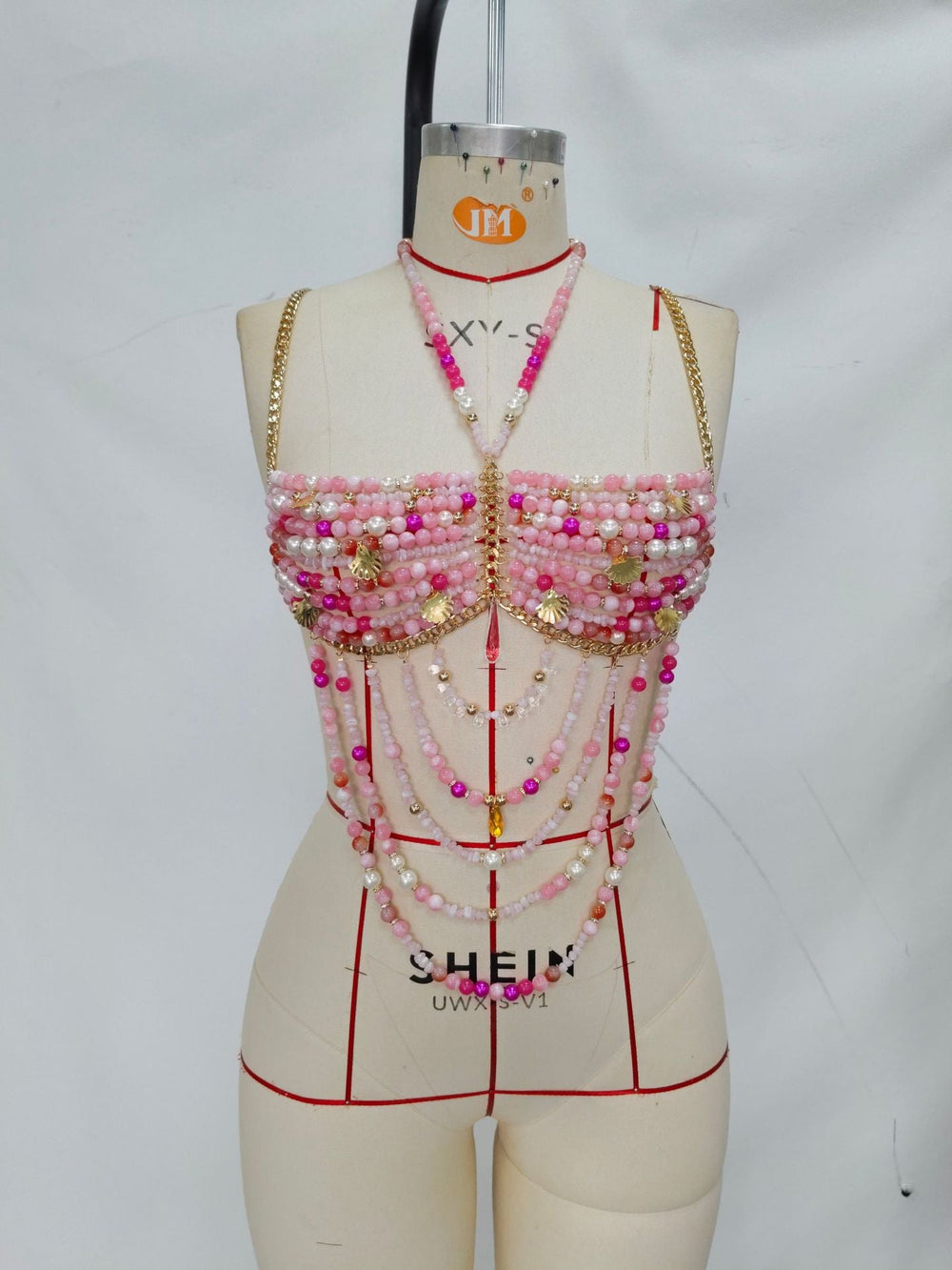Women Pink Crystal Body Cha Metal Gemstone Shell Sexy Colorful Chest Necklace