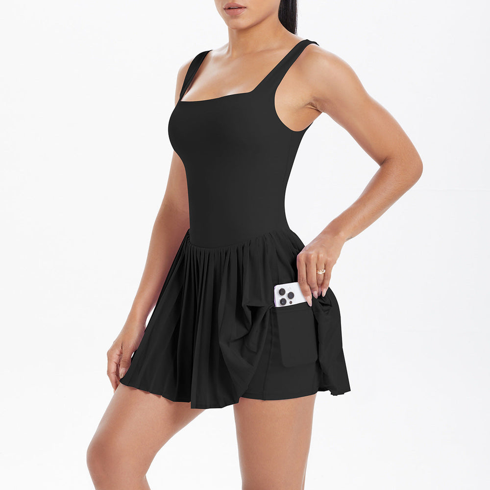 Nude Feel Faux Two Pieces Tennis Dress Anti Wardrobe Malfunction Base Fitness Pocket Pleated Dress Sports Back Shaping Dress Women
