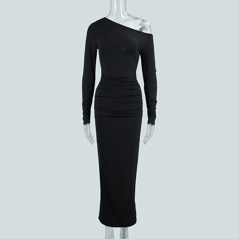 Sexy Women Clothing Sloping-Shoulder off the Shoulder Long Sleeve Slim Fit Pleated Long Socialite Dress