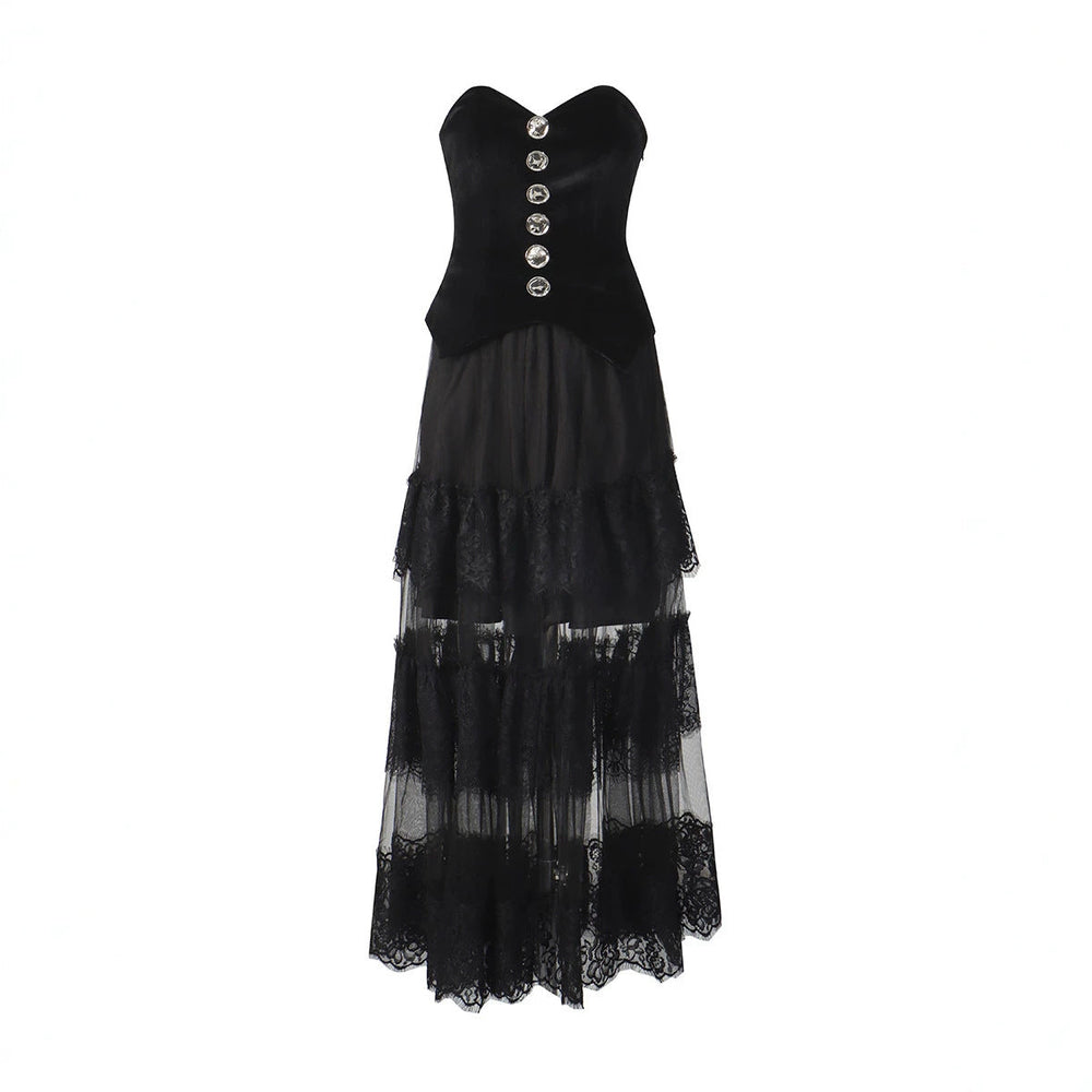 Summer Sexy Spicy Girl Retro Lace Stitching Tube Top Waist Slimming Niche Dress Women