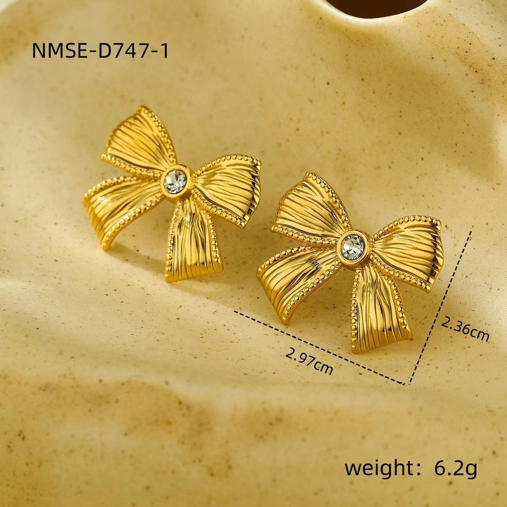 Diamond Bow Stainless Steel Necklace Women All Match High Sense Earring Ring Set Ornaments