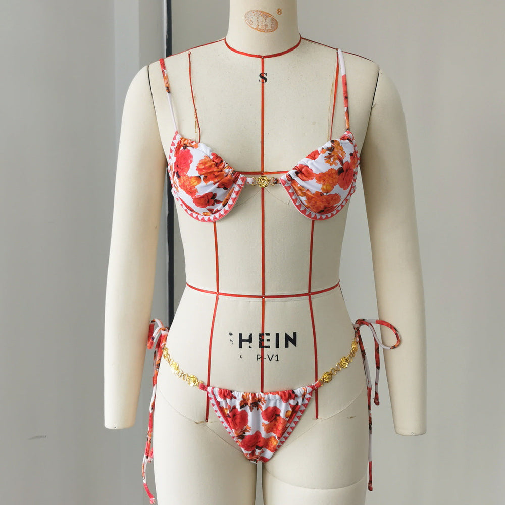 Fresh Printed Push up Bikini Low Waist Split Swimsuit Women Sexy Backless Bikini