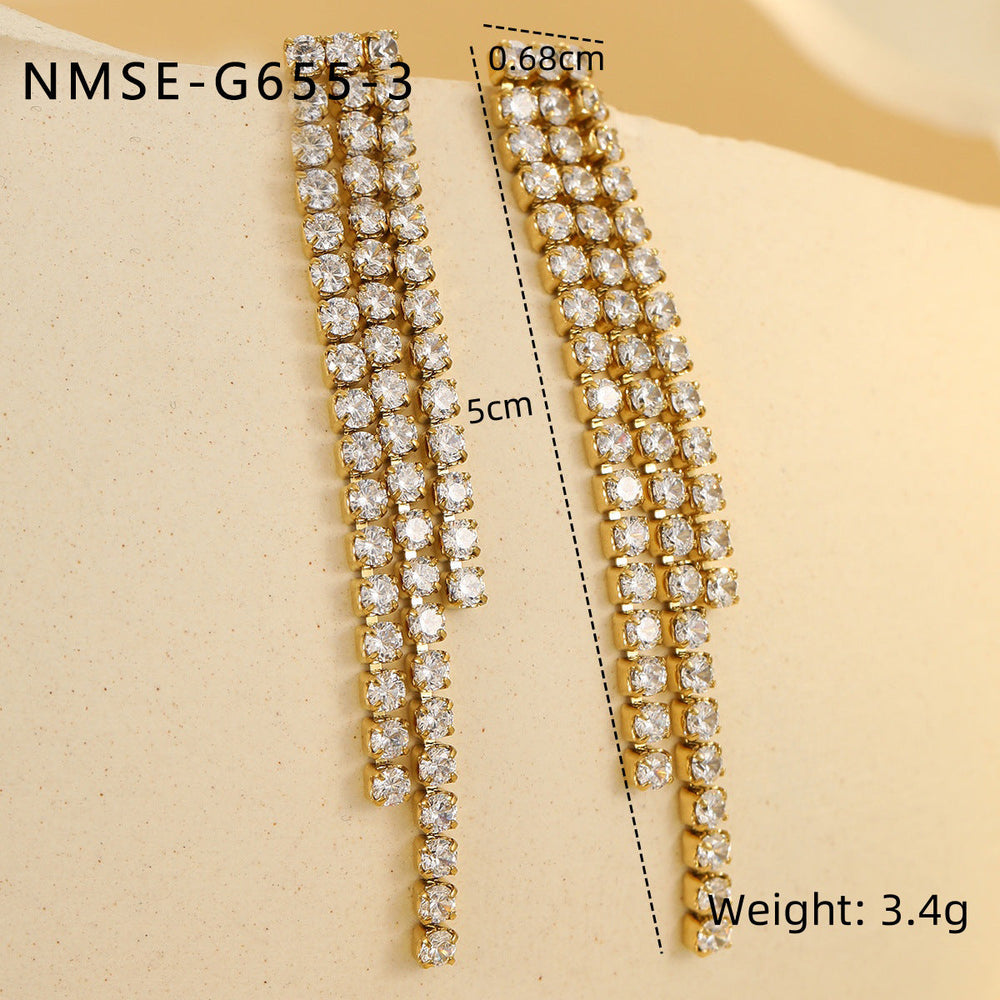 Niche High Grade Stainless Steel Earrings Zircon Tassel Temperamental Personality 18K Gold Titanium Steel Earrings