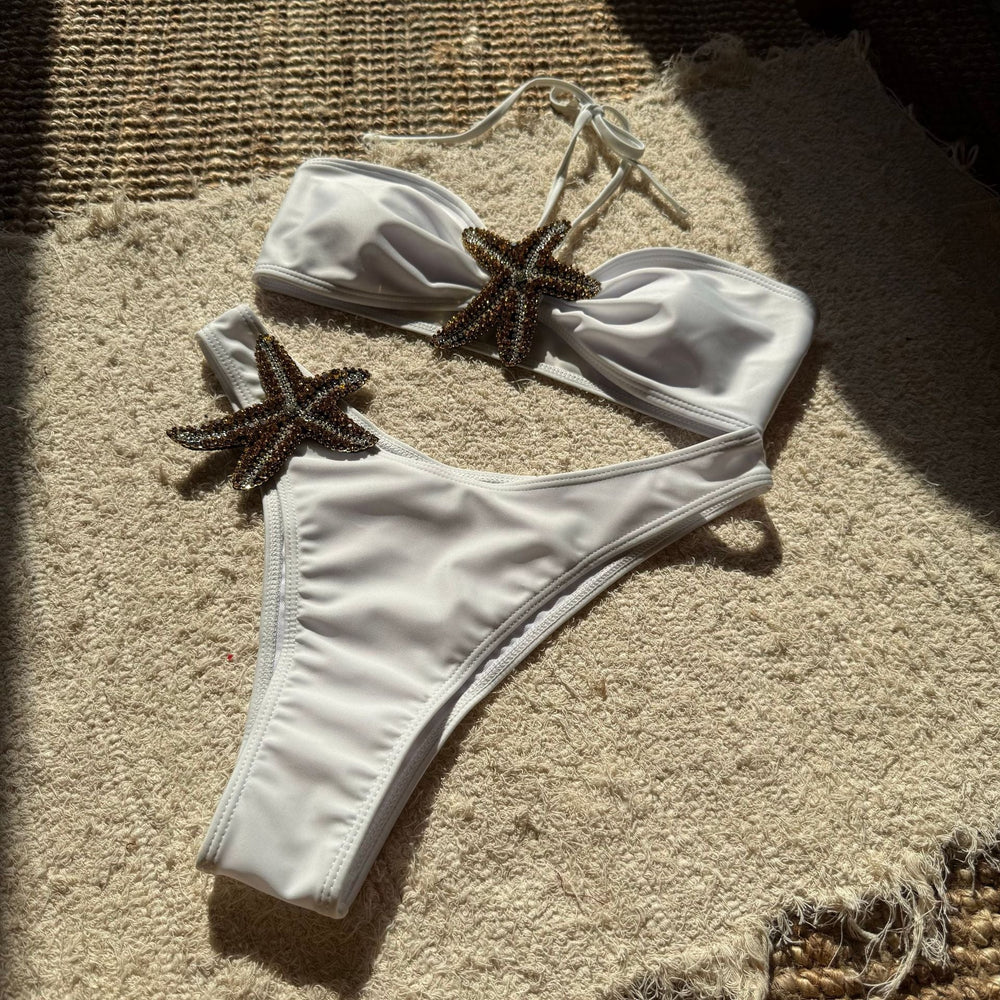 Solid Color Starfish Affixed Cloth Embroidered Sexy Lacing Split Swimsuit Bikini