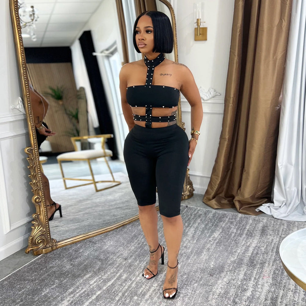 Women Wear Sexy off the Shoulder Bubble Beads Halter Solid Color Jumpsuit